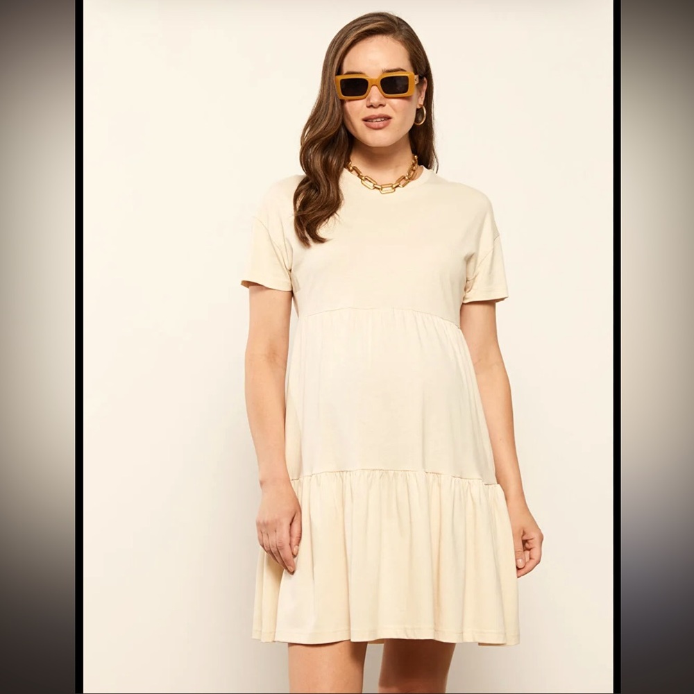 The Native One dress - cream 100% cotton tiered mini dress w/pockets